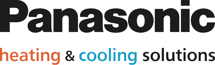 Das Bild zeigt das Panasonic-Logo mit der Unterschrift "heating & cooling solutions" in orangefarbenen und blauen Buchstaben.